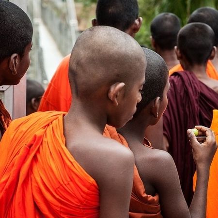 Aufnahme einer Gruppe von Jungen in orangen Gewändern mit dem Rücken zur Kamera